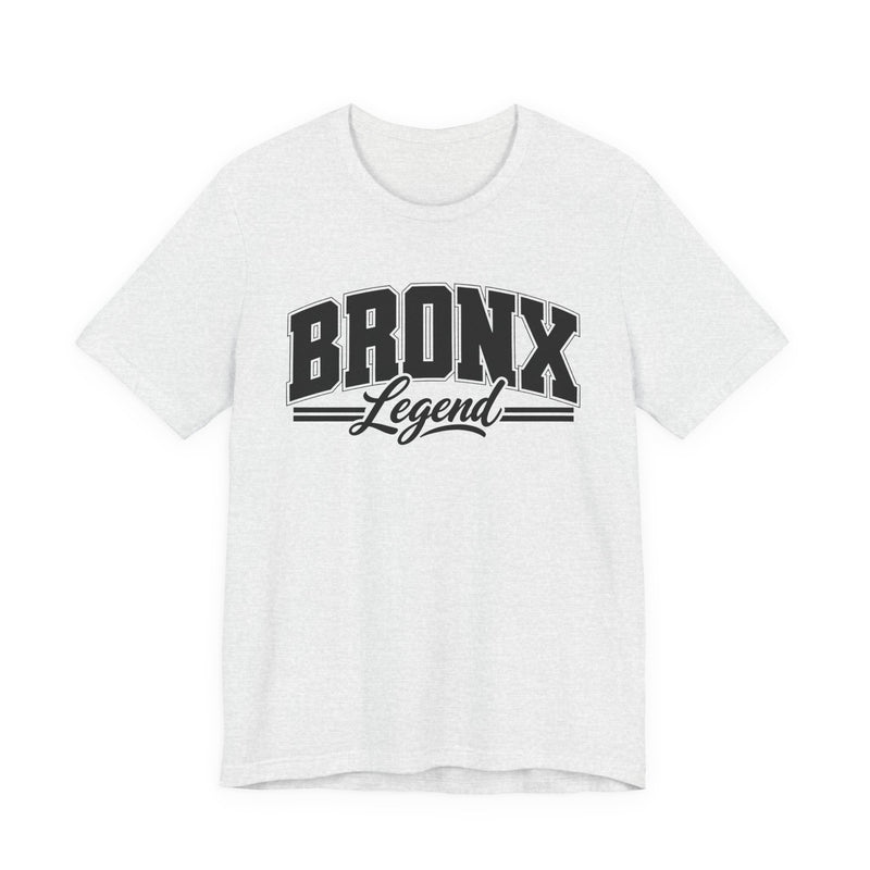 T-Shirt product photo with arched collegiate block lettering reading "BRONX" with the word "Legend" in script beneath, front view.