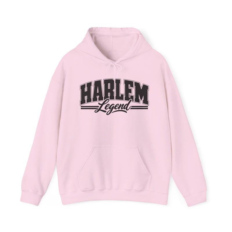 Hoodie product with collegiate lettering reading HARLEM LEGEND, flat lay.