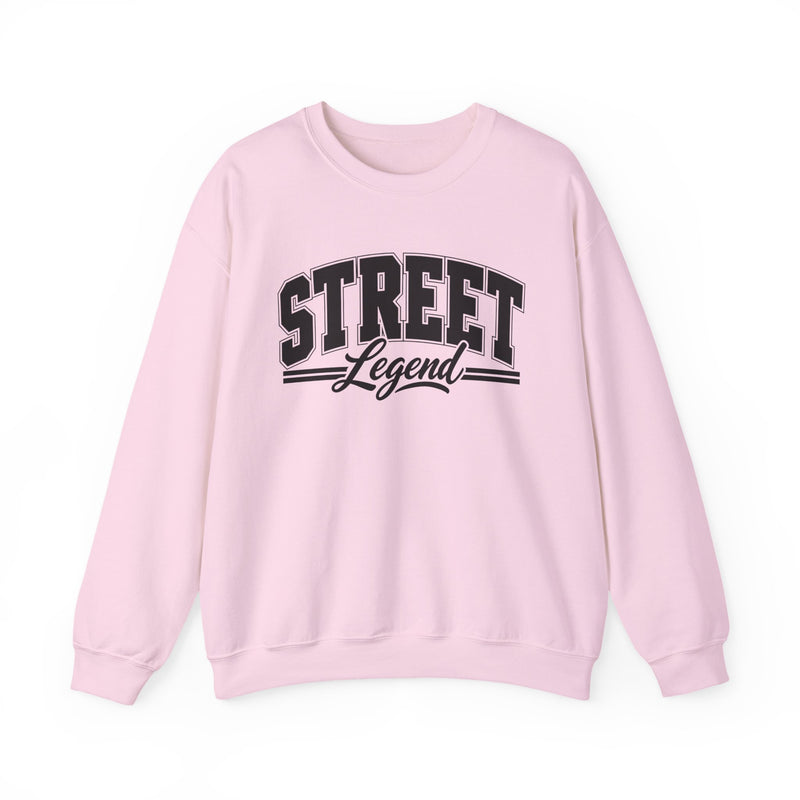 Sweatshirt product with collegiate lettering reading STREET LEGEND, flat lay.