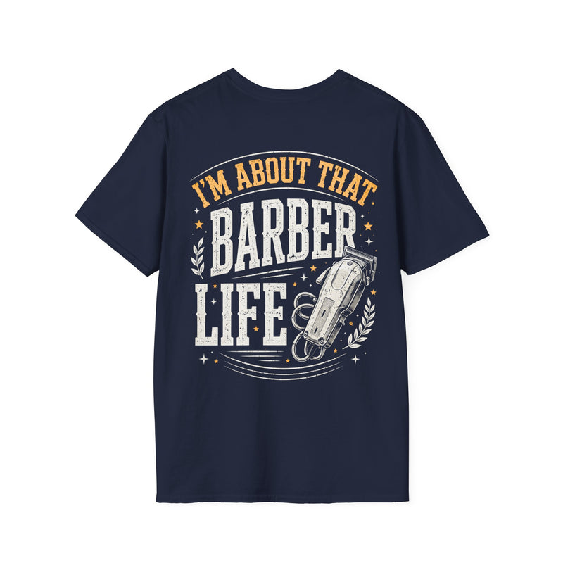 Navy t-shirt with white and orange distressed trade lettering reading I'M ABOUT THAT BARBER LIFE, front view.