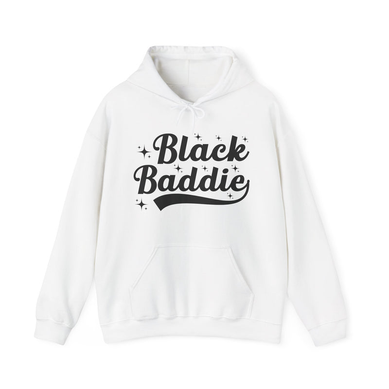 White hoodie with dark bold statement lettering reading BLACK BADDIE, front flat-lay view.