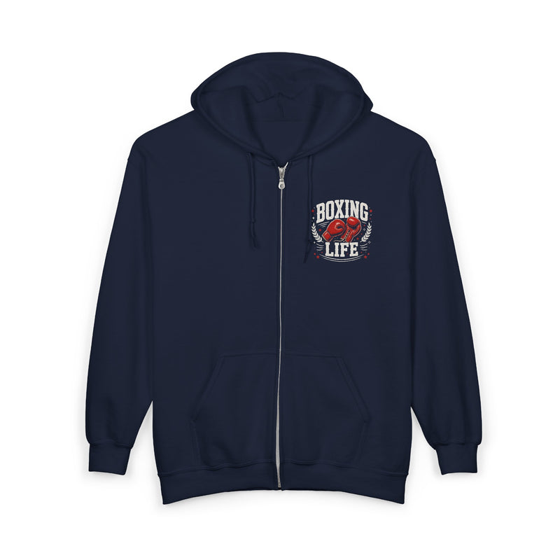 Navy zip hoodie with small white and red chest print reading "BOXING LIFE", front flat-lay view.
