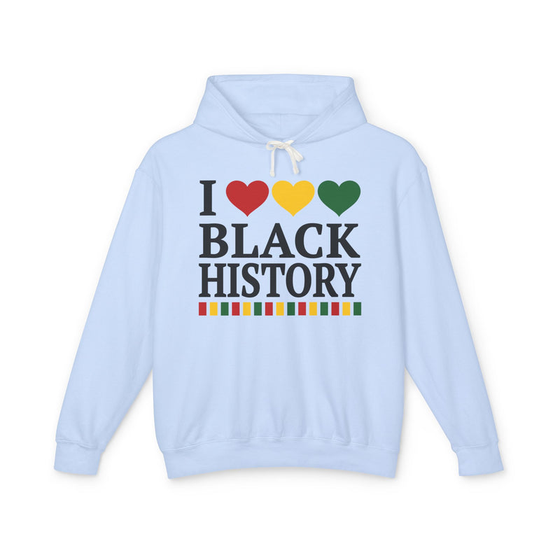 Front flat-lay of the I Love Black History hoodie in Hydrangea: black 'I' with red, gold, and green hearts above black 'BLACK HISTORY' collegiate lettering, with a red, gold, and green stripe bar beneath the text.