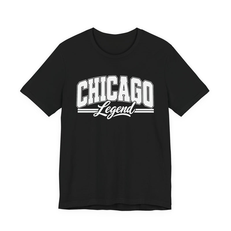 T-Shirt product with collegiate lettering reading CHICAGO LEGEND, on-model view.