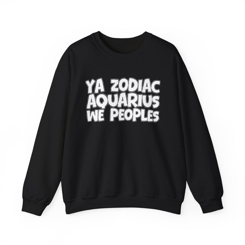 Black sweatshirt with white hand-lettered YA ZODIAC AQUARIUS WE PEOPLES print, front flat-lay view.