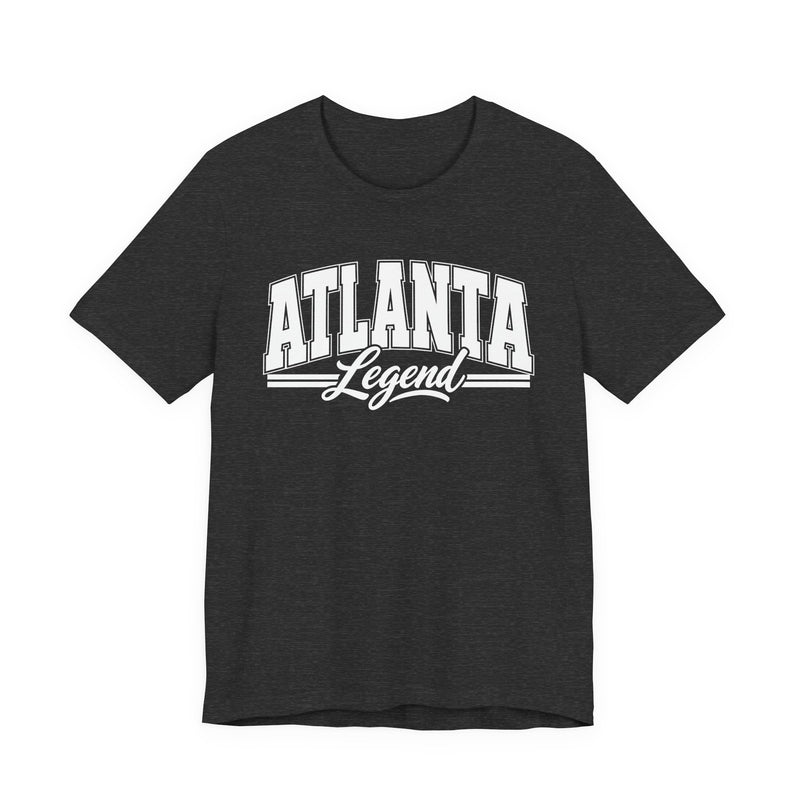 Black t-shirt with white varsity block and script lettering reading ATLANTA LEGEND, front flat-lay view.