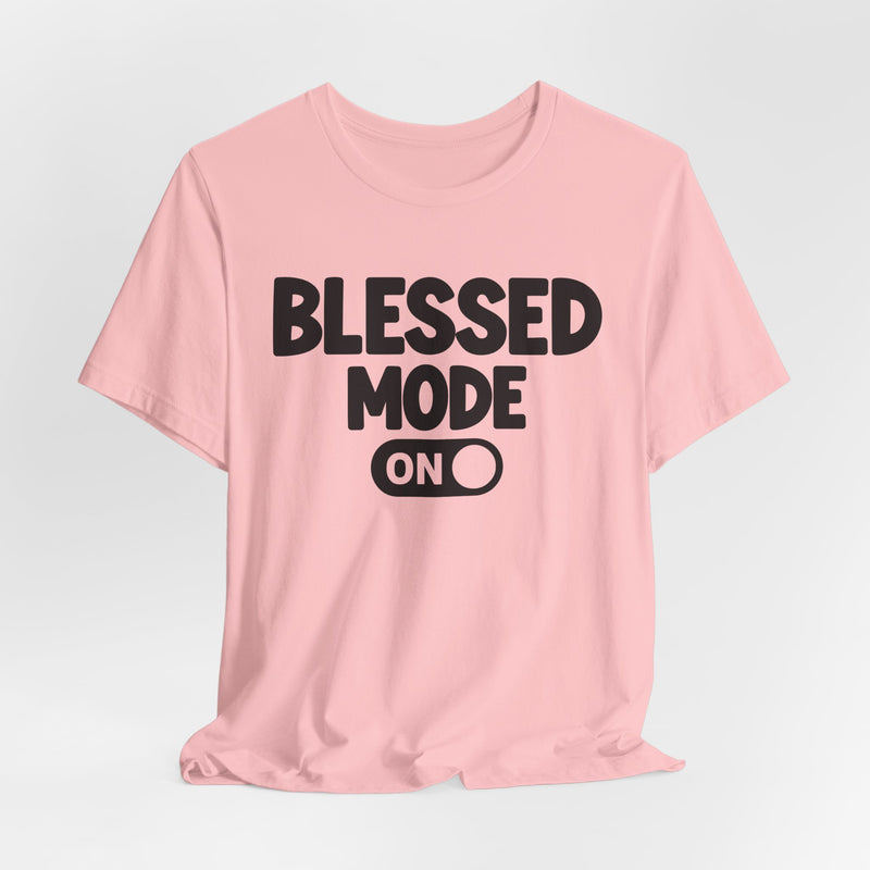 T-Shirt with text design reading “PRAISE MODE ON”, front view