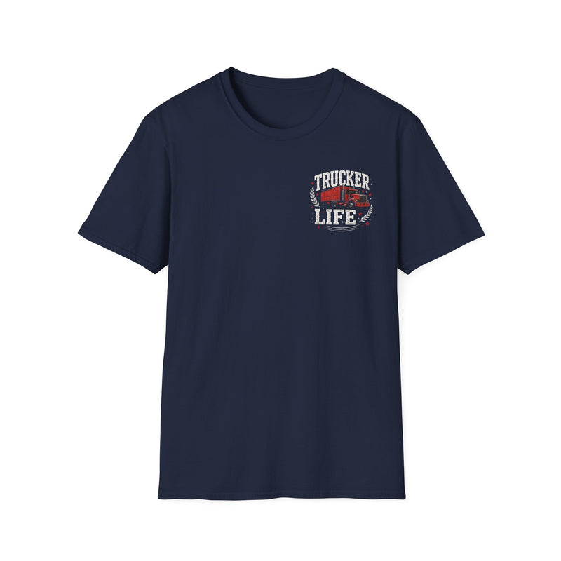 Navy t-shirt with small white and red chest print reading "TRUCKER LIFE", front flat-lay view.
