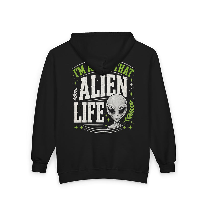 Navy zip hoodie with small I'M ABOUT THAT ALIEN LIFE chest emblem, alternate view.