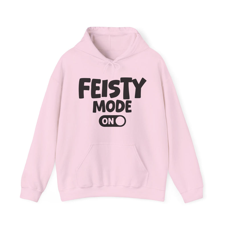 Black hoodie with white bubble lettering reading FEISTY MODE ON, alternate view.