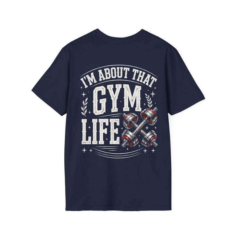 Navy t-shirt with white lettering reading "I'M ABOUT THAT GYM LIFE", back view.
