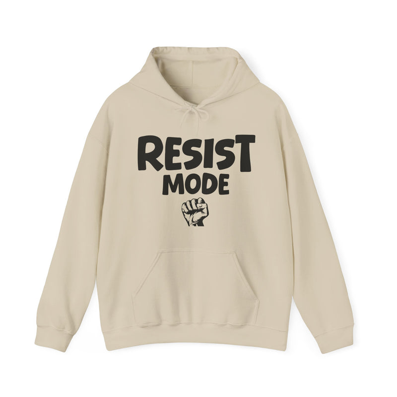 Sand hoodie with white bubble lettering reading "RESIST MODE", front flat-lay view.