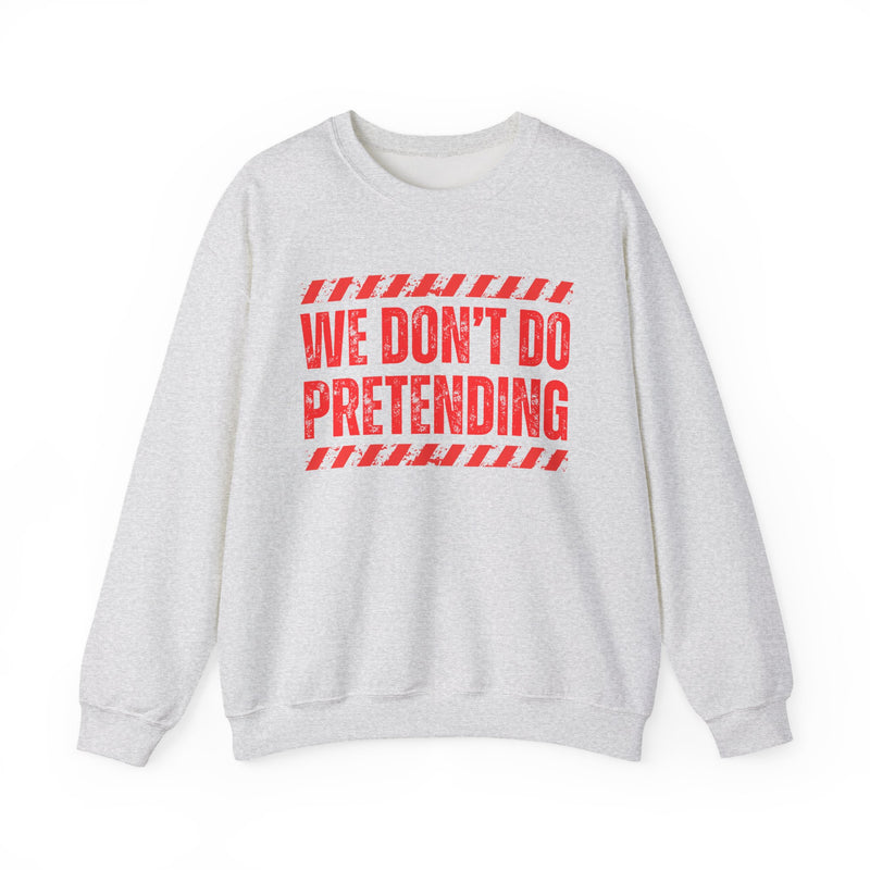 Navy sweatshirt with yellow bubble lettering reading WE DON'T DO PRETENDING, alternate view.