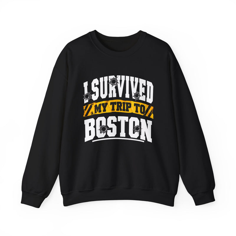Sweatshirt product with collegiate lettering reading I SURVIVED MY TRIP TO BOSTON, front view.