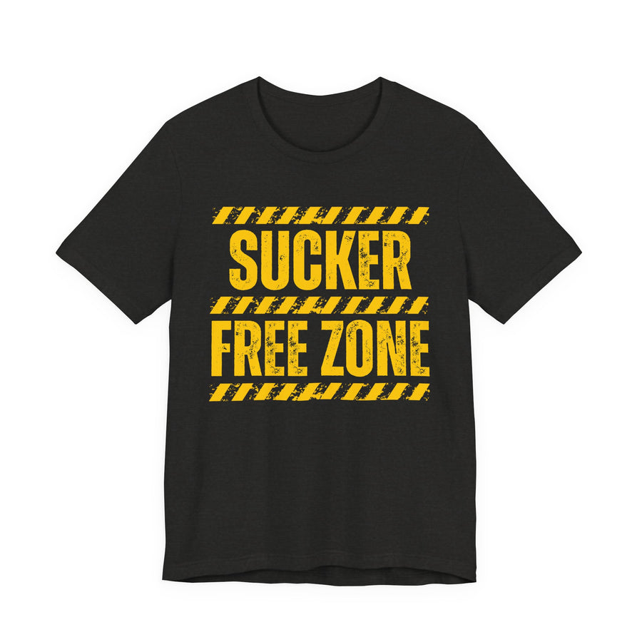 T-Shirt in Athletic Heather with lettering reading SUCKER FREE ZONE, front view