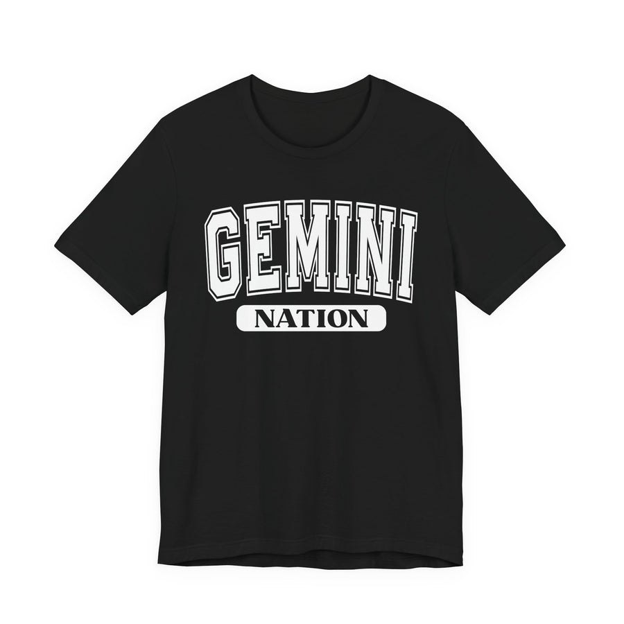 Black t-shirt with white arched GEMINI lettering and NATION bar print, front flat-lay view.