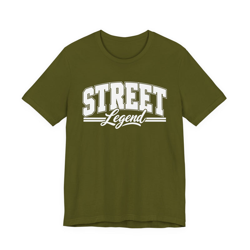 T-Shirt product with collegiate lettering reading STREET LEGEND, back view.