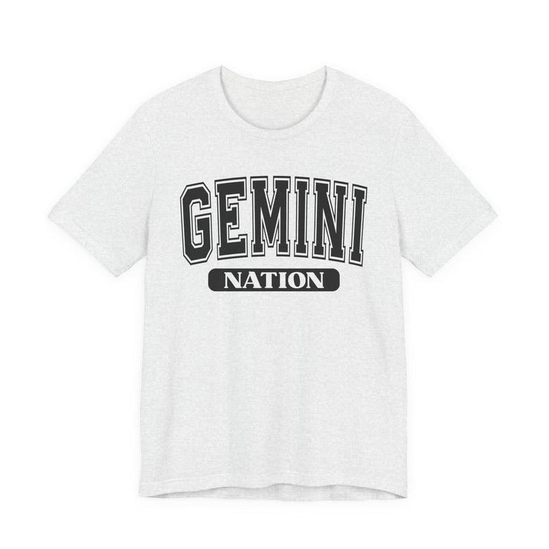 Ash t-shirt with black arched GEMINI lettering and NATION bar print, front flat-lay view.