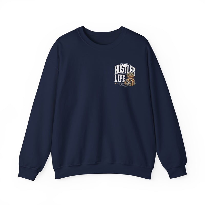 Navy sweatshirt with white and orange distressed trade lettering reading HUSTLER LIFE, front view (left-chest print).