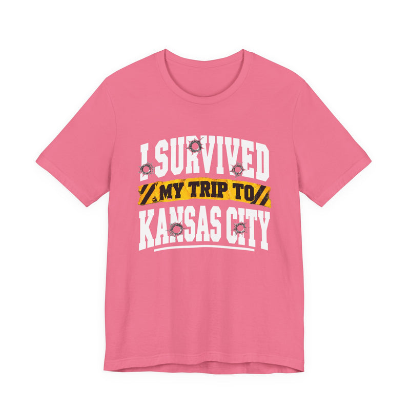 T-Shirt product with collegiate lettering reading I SURVIVED MY TRIP TO KANSAS CITY, flat lay.