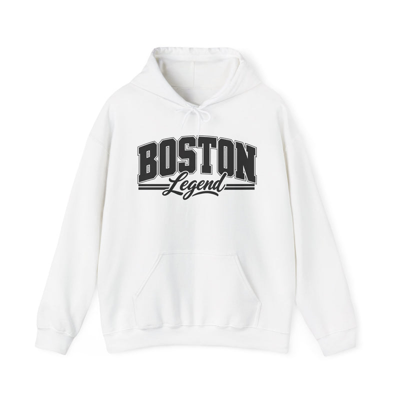 Hoodie with collegiate lettering reading BOSTON LEGEND, front view.