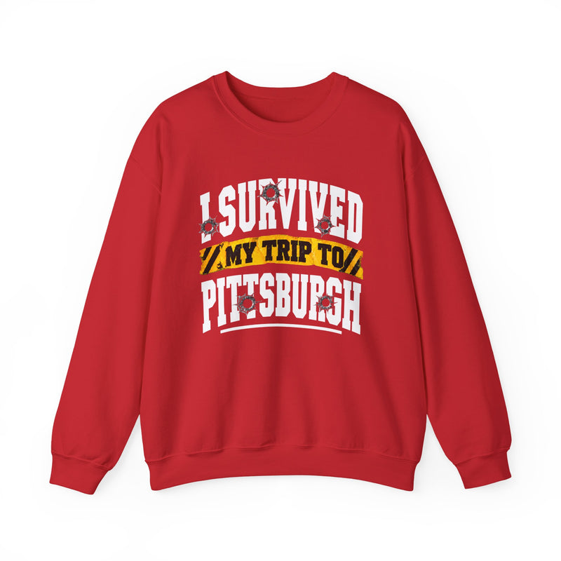 Sweatshirt product with collegiate lettering reading I SURVIVED MY TRIP TO PITTSBURGH, on-model view.