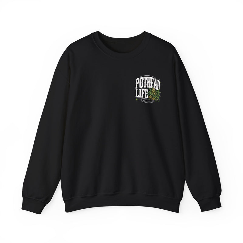 I'm About That Pothead Life — Sweatshirt fabric detail close-up: bold statement lettering reading “I'M ABOUT THAT POTHEAD LIFE”. Street Talk Designs 420 friendly statement apparel.