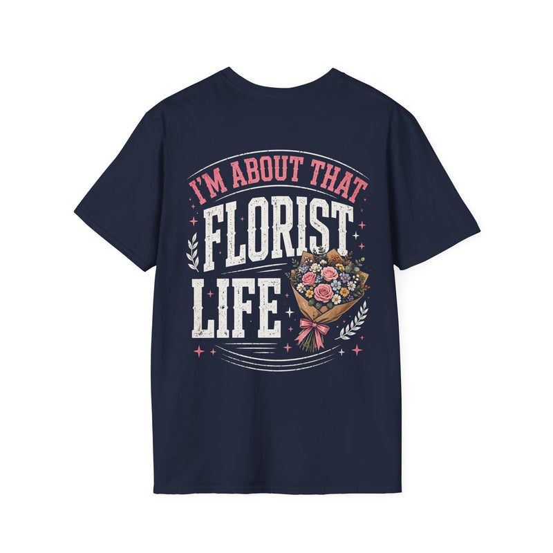 Navy t-shirt with white and pink lettering reading "I'M ABOUT THAT FLORIST LIFE", back view.