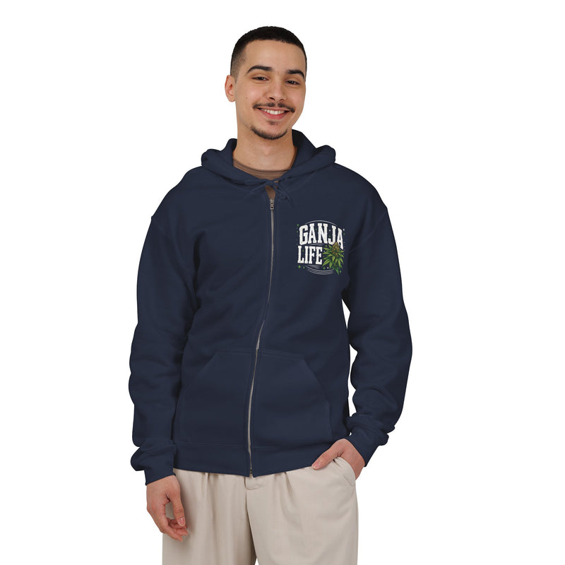 Zip Hoodie with white block lettering reading I'M ABOUT THAT GANJA LIFE, alternate view 6. Street Talk Designs 420 friendly statement apparel.