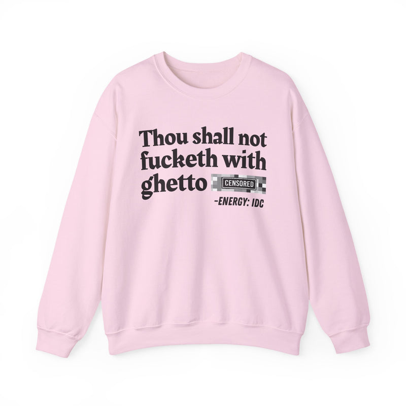 T-Shirt with text design reading “THOU SHALL NOT FUCKETH WITH GHETTO CENSORED BITCH VINTAGE FUNNY BIBLE PRINT SLOGAN T-SHIRT V2”, front view