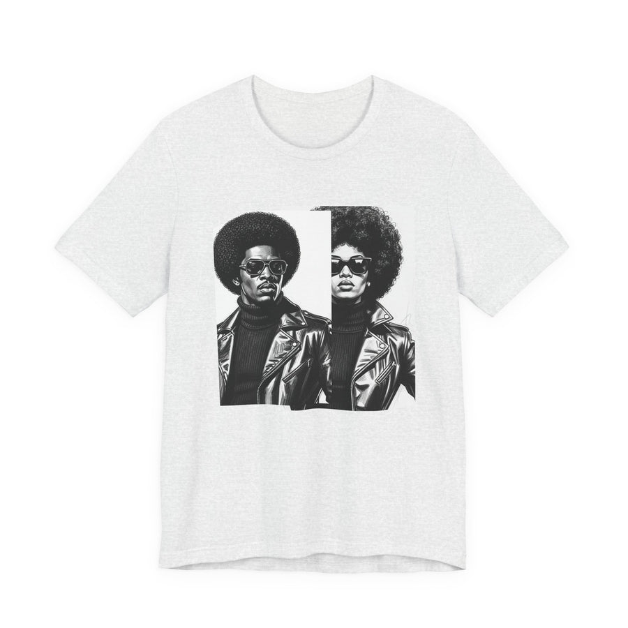 Charcoal t-shirt featuring a 70s-style portrait design, front flat-lay view.
