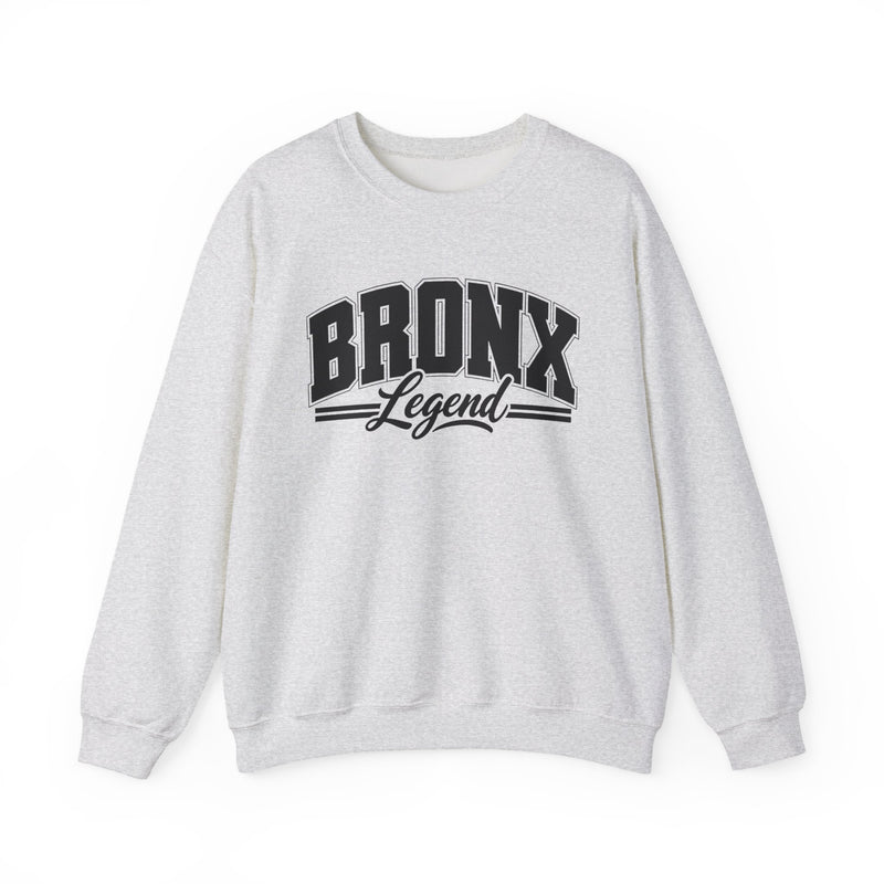 Sweatshirt product photo with arched collegiate block lettering reading "BRONX" with the word "Legend" in script beneath, front view.