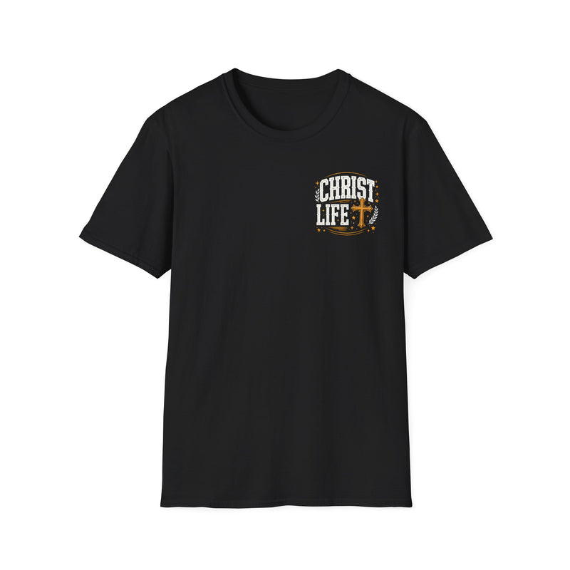 T-Shirt with text design reading “I'M ABOUT THAT CHRIST LIFE”, front view