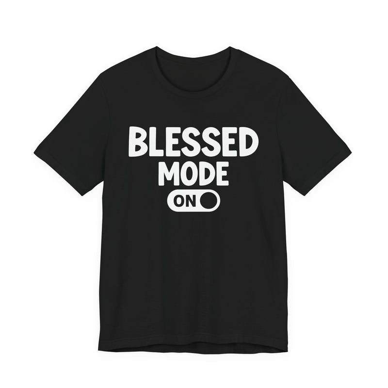T-Shirt with text design reading “PRAISE MODE ON”, front view
