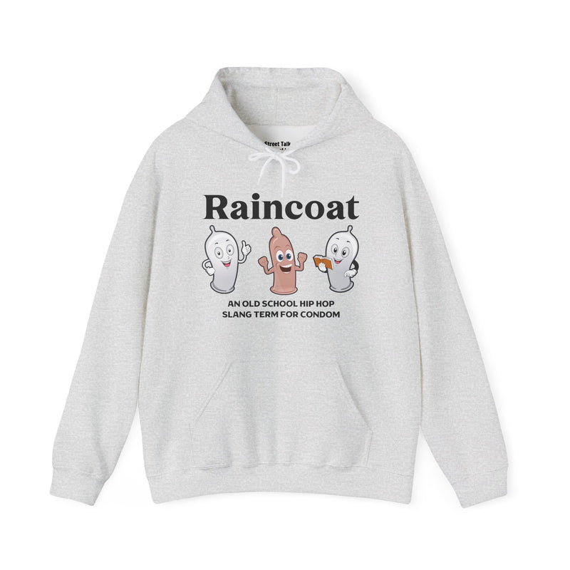 RAINCOAT — Hoodie fabric detail close-up: Raincoat / cartoon condom characters / AN OLD SCHOOL HIP HOP SLANG TERM FOR CONDOM. Street Talk Designs old school statement apparel.