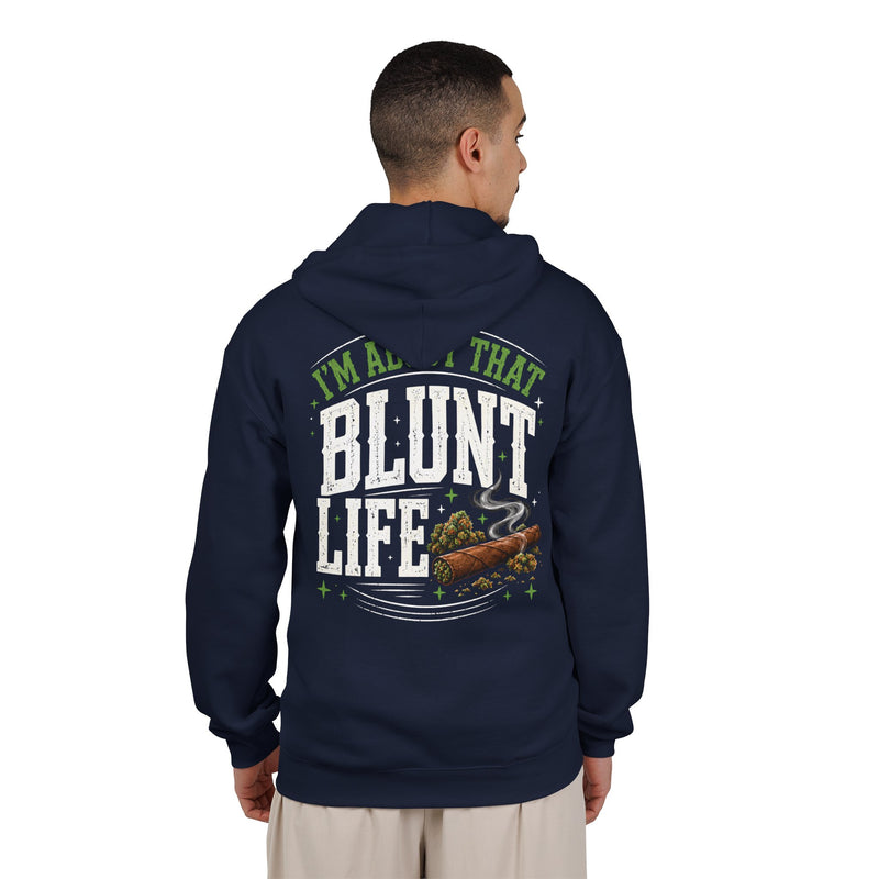 I'm About That Blunt Life — Zip Hoodie alternate view 7: I'M ABOUT THAT BLUNT LIFE in green arched lettering over distressed white letters with a smoking blunt and buds graphic — green arched lettering over distressed white letters with a smoking blunt and buds graphic on black. Street Talk Designs 420-friendly statement apparel.