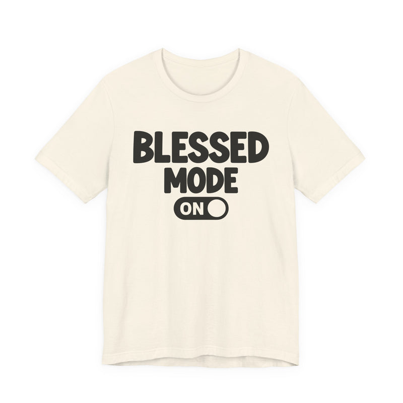 T-Shirt with text design reading “PRAISE MODE ON”, front view