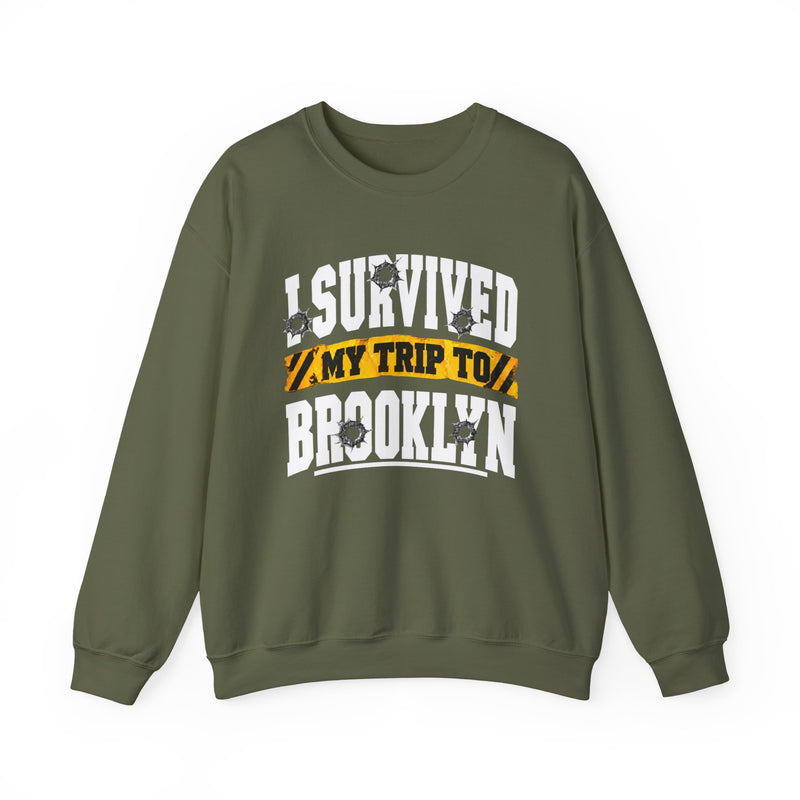 Sweatshirt with collegiate lettering reading I SURVIVED MY TRIP TO BROOKLYN, front view.