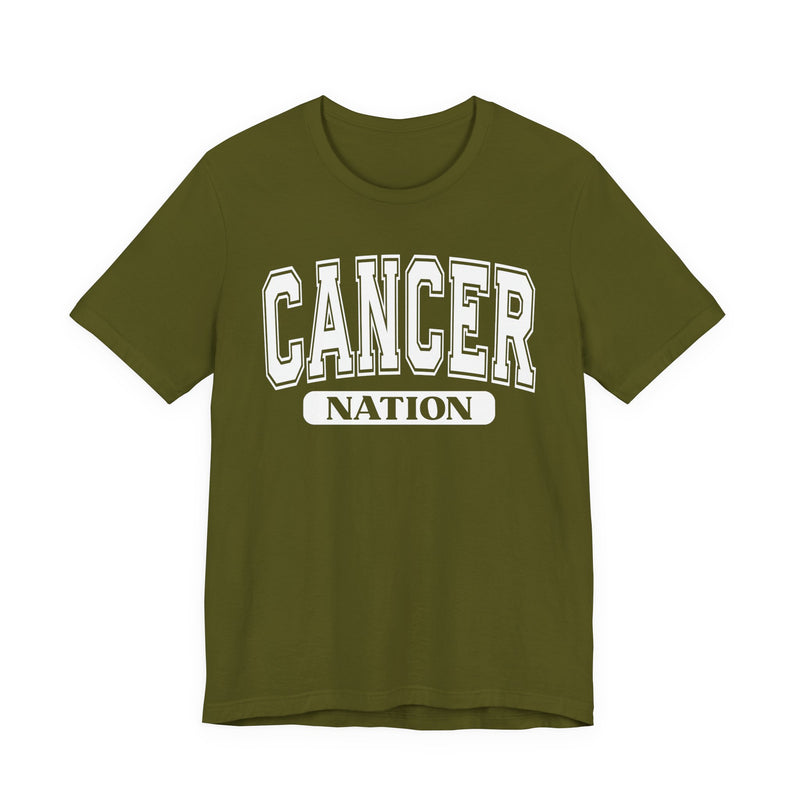 Olive green t-shirt with white arched CANCER collegiate lettering over a black NATION pill badge, front flat-lay view.