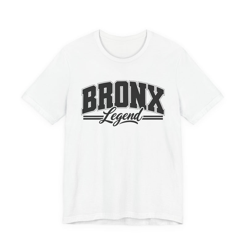 T-Shirt product photo with arched collegiate block lettering reading "BRONX" with the word "Legend" in script beneath, front view.