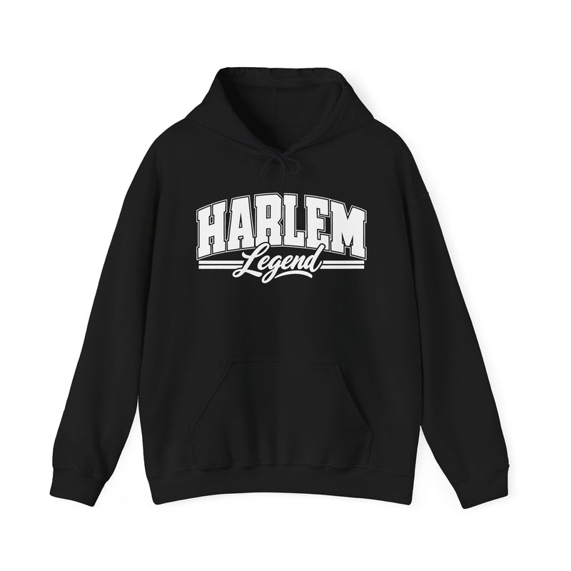 Hoodie product with collegiate lettering reading HARLEM LEGEND, on-model view.