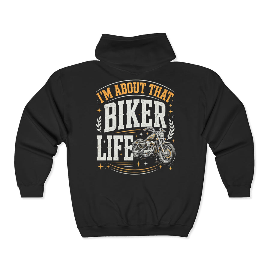 Black hoodie with white and gold bubble lettering reading I'M ABOUT THAT BIKER LIFE, back view.