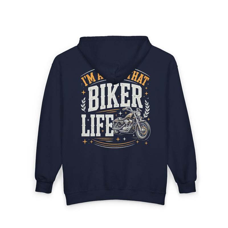 Black hoodie with white and gold bubble lettering reading I'M ABOUT THAT BIKER LIFE, alternate view.