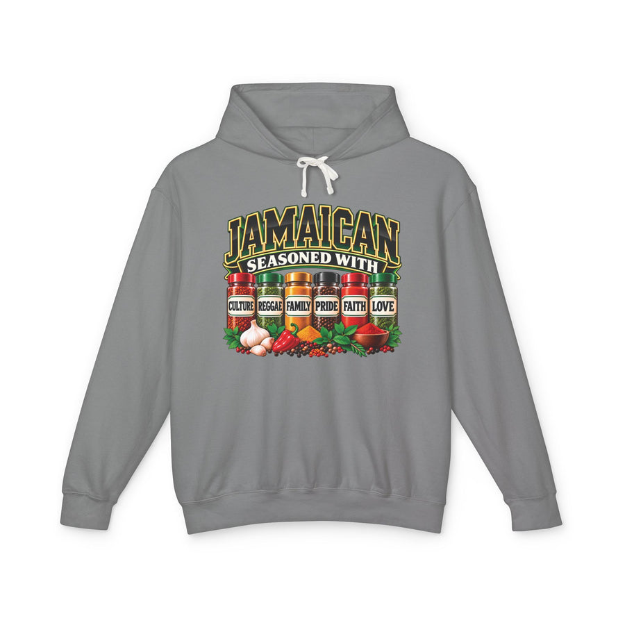 Jamaican Seasoned With Culture Reggae Family Pride Faith Love — Hoodie front view: JAMAICAN SEASONED WITH CULTURE REGGAE FAMILY PRIDE FAITH LOVE in bold statement lettering. Street Talk Designs culture statement apparel.