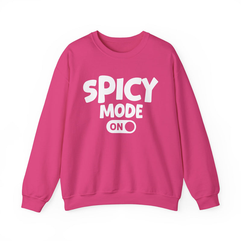 Hot pink sweatshirt with white bold distressed lettering reading SPICY MODE ON, flat-lay view.