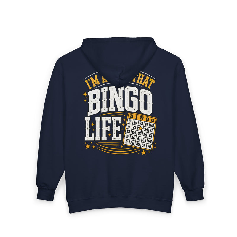 Navy zip hoodie with gold and white bubble lettering reading I'M ABOUT THAT BINGO LIFE, back view.