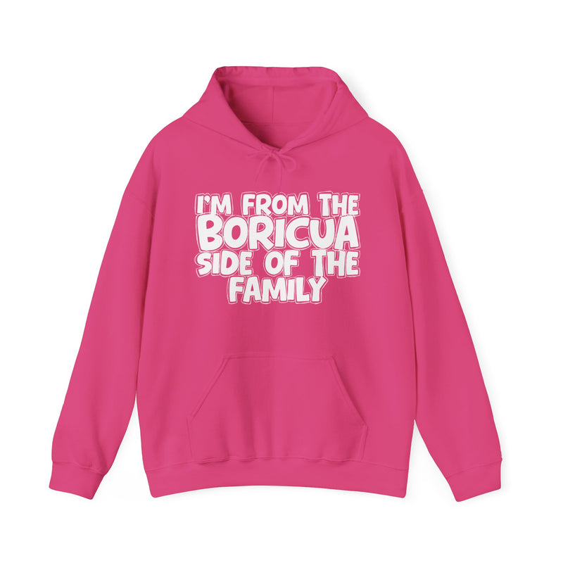 Heliconia hoodie with 'I'M FROM THE BORICUA SIDE OF THE FAMILY' in white hand-drawn bubble lettering on the chest, front flat-lay mockup view.