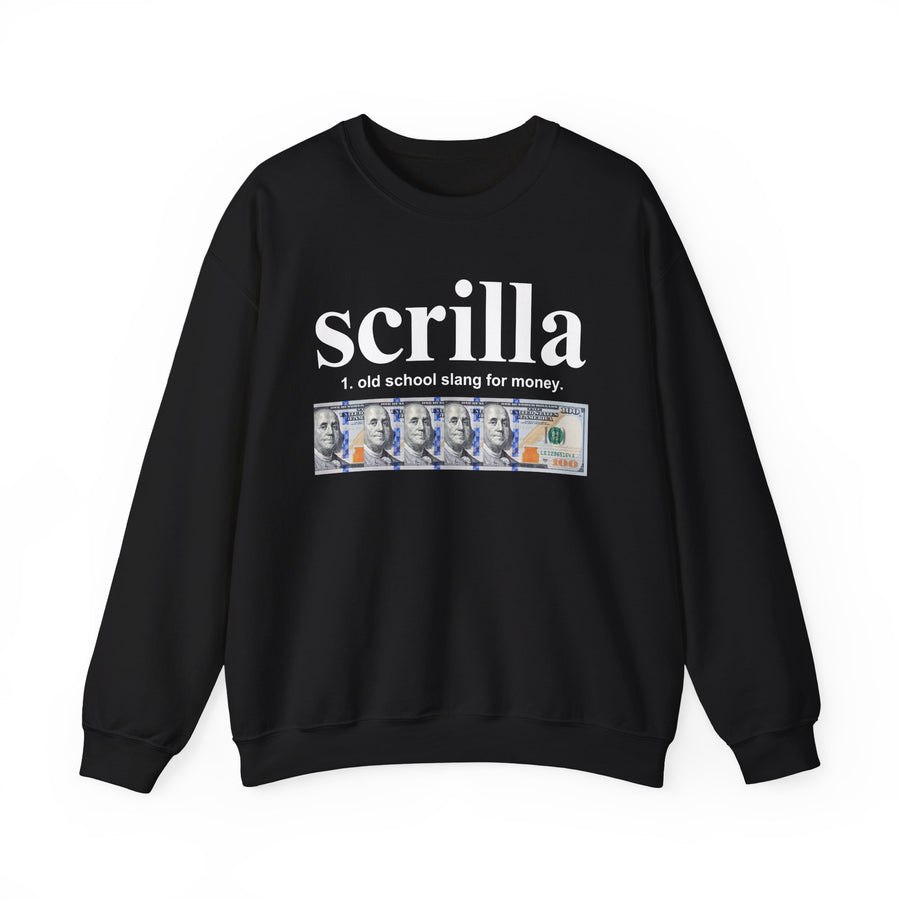 Scrilla — Sweatshirt front view: Scrilla in distressed collegiate lettering. Street Talk Designs old school statement apparel.