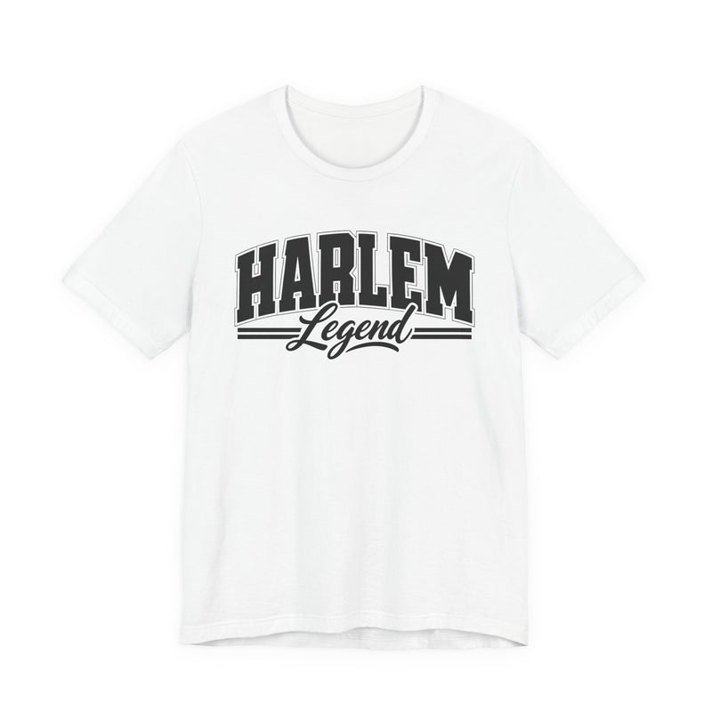 T-Shirt product with collegiate lettering reading HARLEM LEGEND, alternate view.