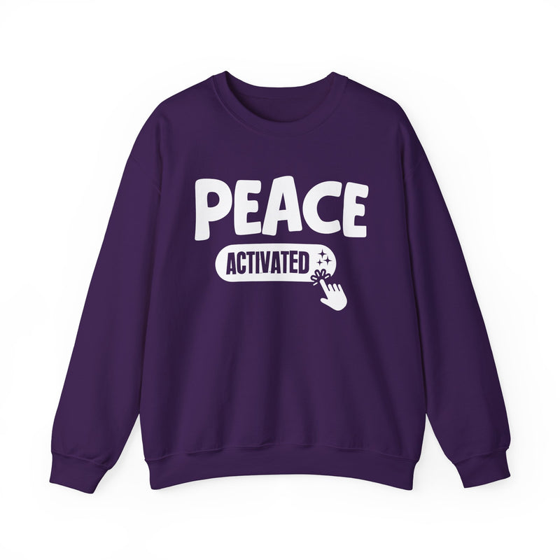 Sweatshirt in Purple with lettering reading "PEACE ACTIVATED", front view.